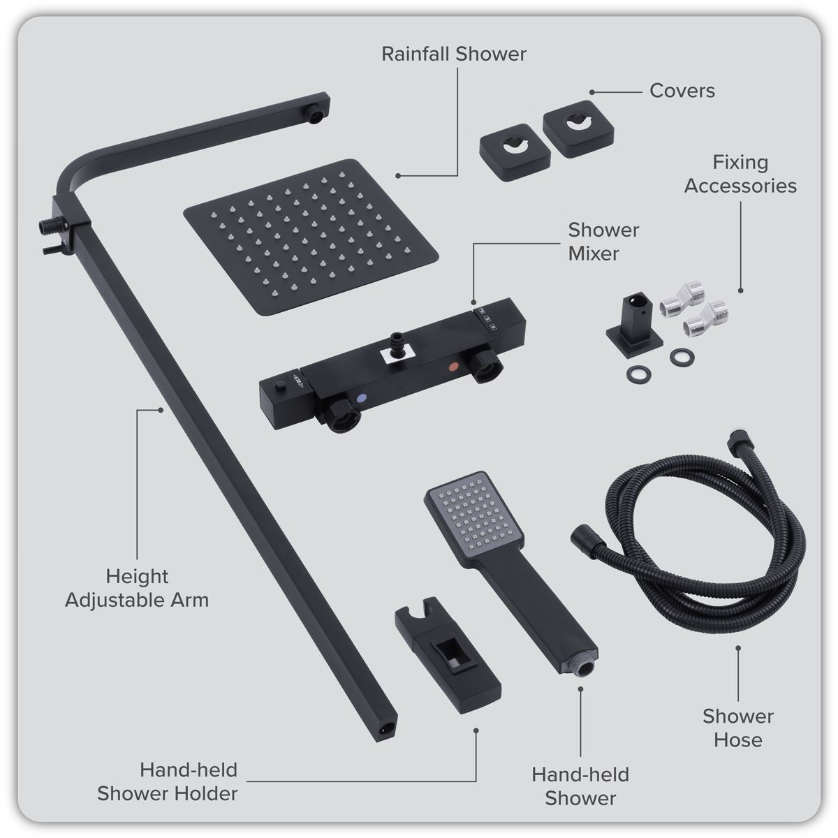 Baridi Thermostatic Shower Mixer Set, 20x20cm Square Head, Adjustable Rail