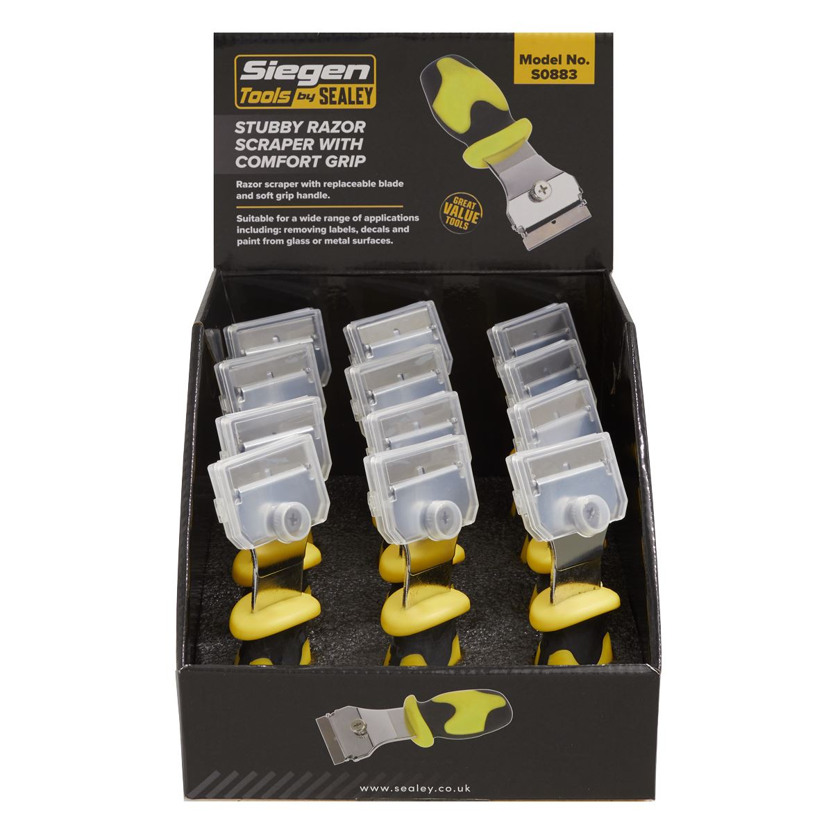 Sealey Razor Scraper with Comfort Grip Stubby Display Box of 12 S0883