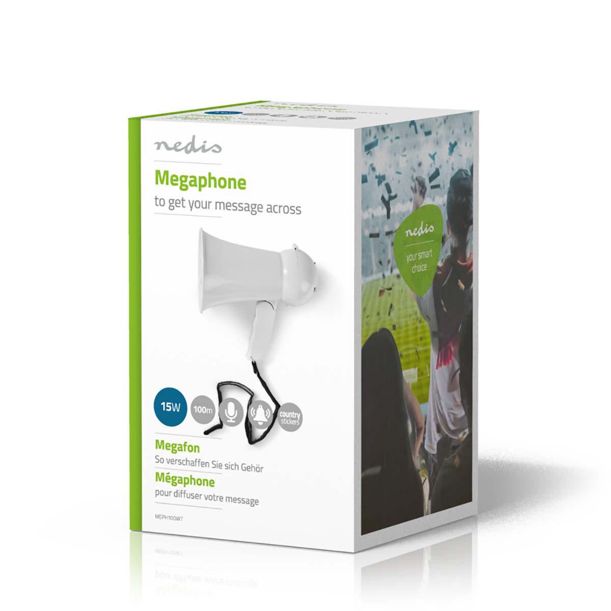 Nedis Megaphone 15W 100m Range Built-in Microphone White MEPH100WT