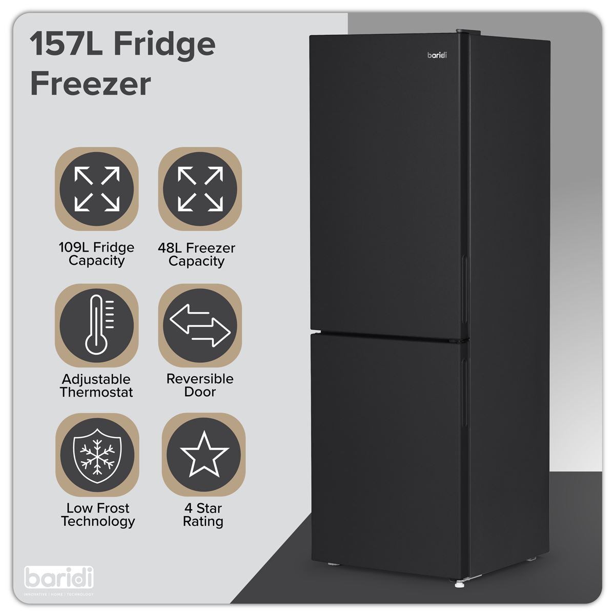 Baridi 47cm 70/30 Fridge Freezer, 157L Capacity Low Frost DH253