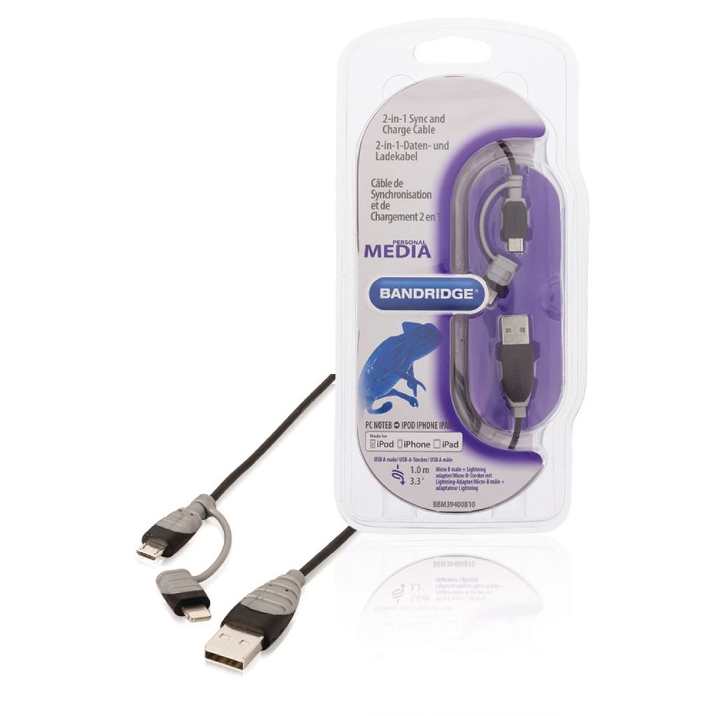 Bandridge 2-in-1 sync and charge cable USB 2A male to Micro B male with attached Lightning adapter 1m black - BBM39400B10