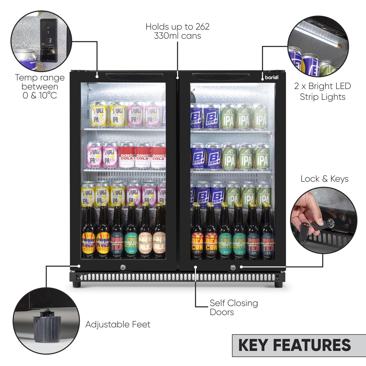 Baridi Hinged Double Door, Back Bar Drinks Fridge/Cooler, 190L Capacity DH272