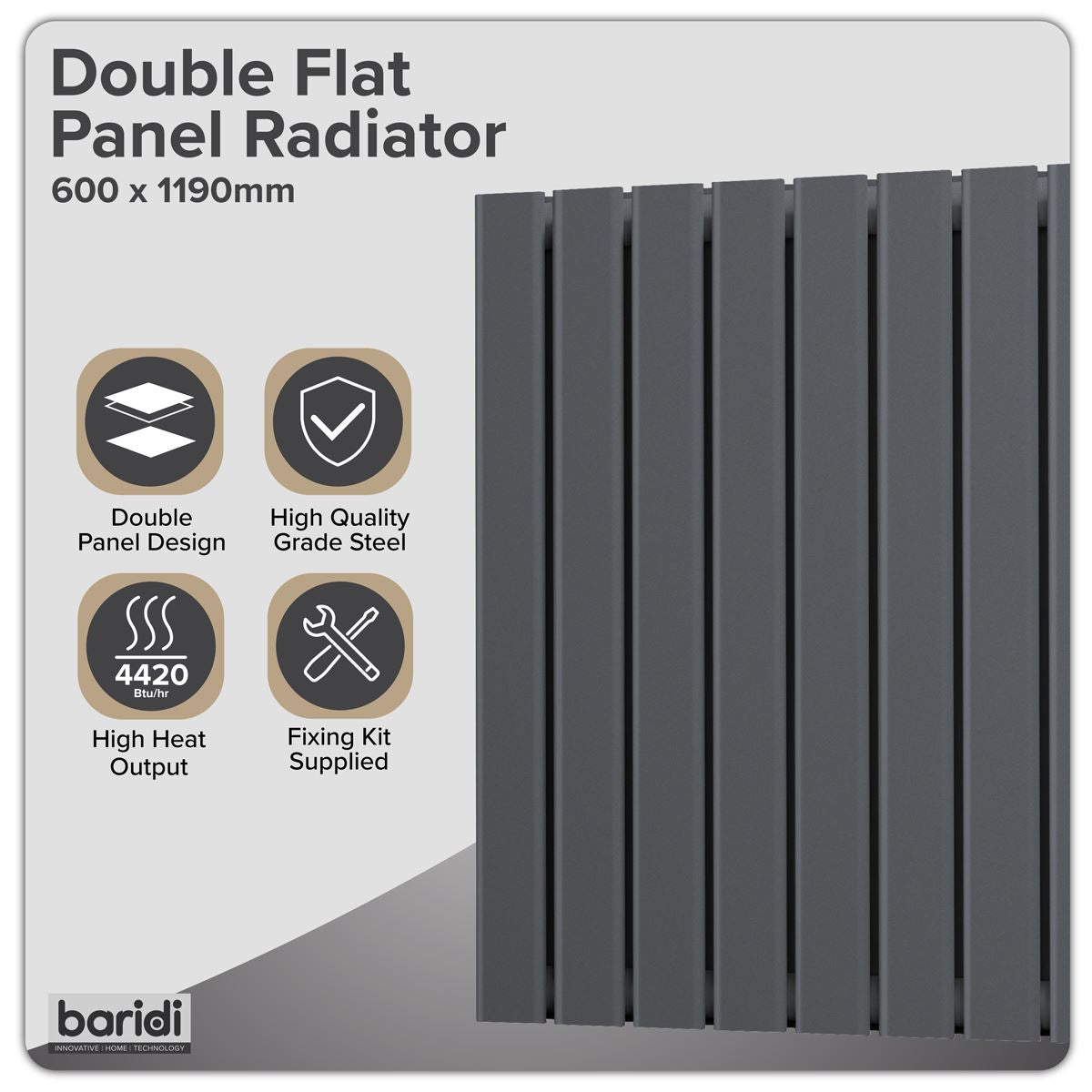 Baridi Horizontal Radiator Contemporary Double Flat Panel Design 600 x 1190mm � Anthracite DH342