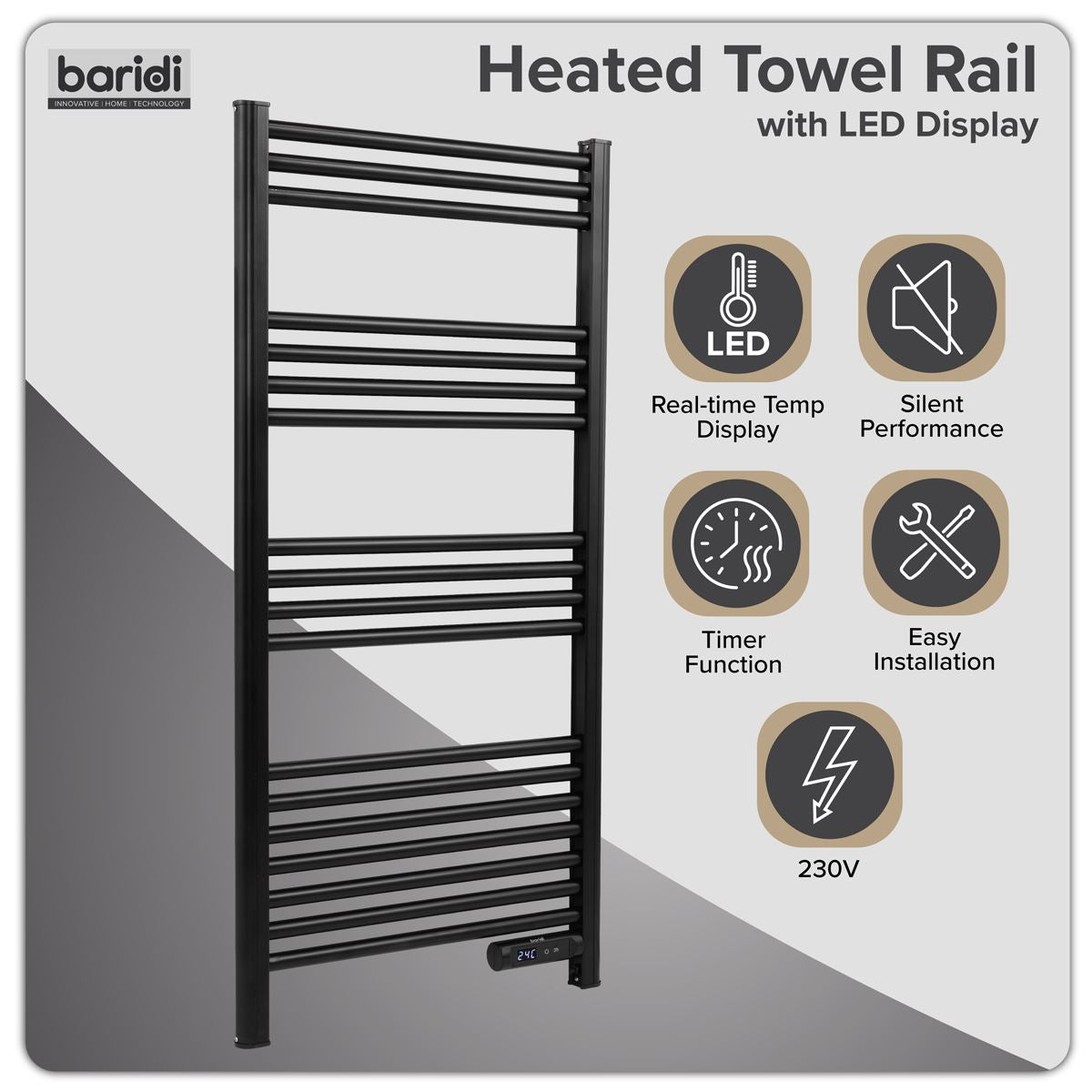 Baridi Electric Heated Towel Rail 1085 x 535mm with LED Display � Black DH371