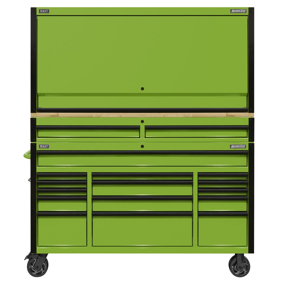 Sealey 15 Drawer 1549mm Mobile Trolley with Wooden Worktop and Hutch and 2 Drawer Riser AP6115BECOMBO1