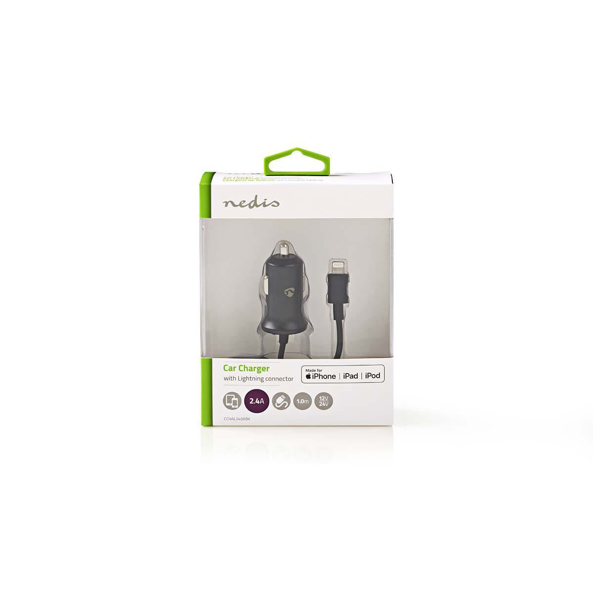 Nedis Car Charger 2.4A Fixed cable Apple Lighting Black CCHAL240ABK
