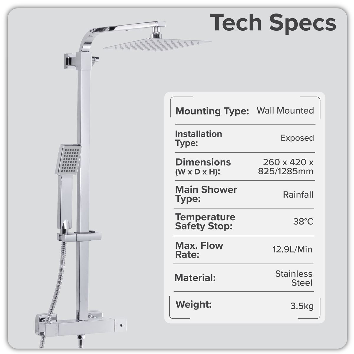 Baridi Thermostatic Shower Mixer Set, 20x20cm Square Head, Adjustable Rail - Chrome DH316