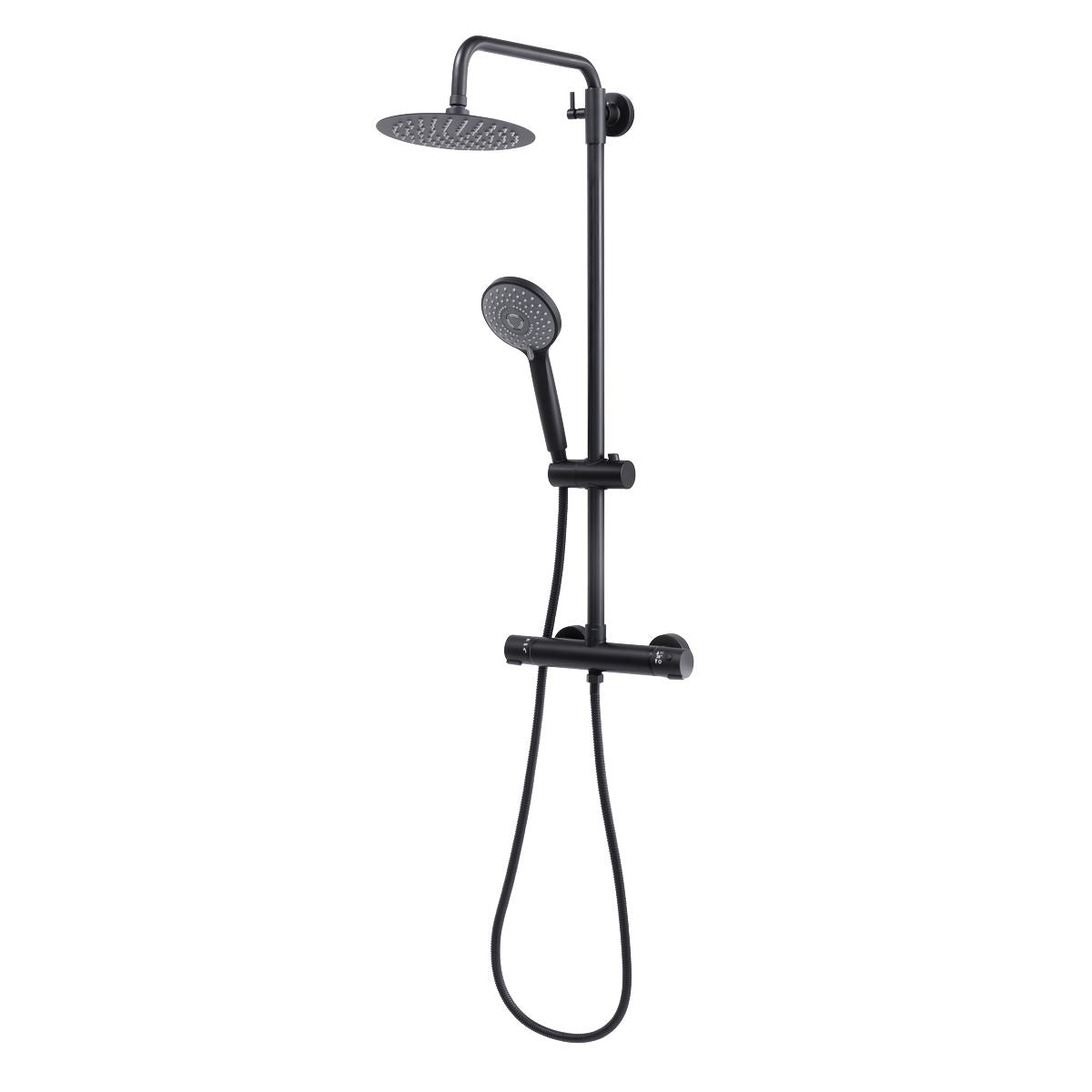 Baridi Thermostatic Shower Mixer Set, 20cm Round Head, Adjustable Rail - Black