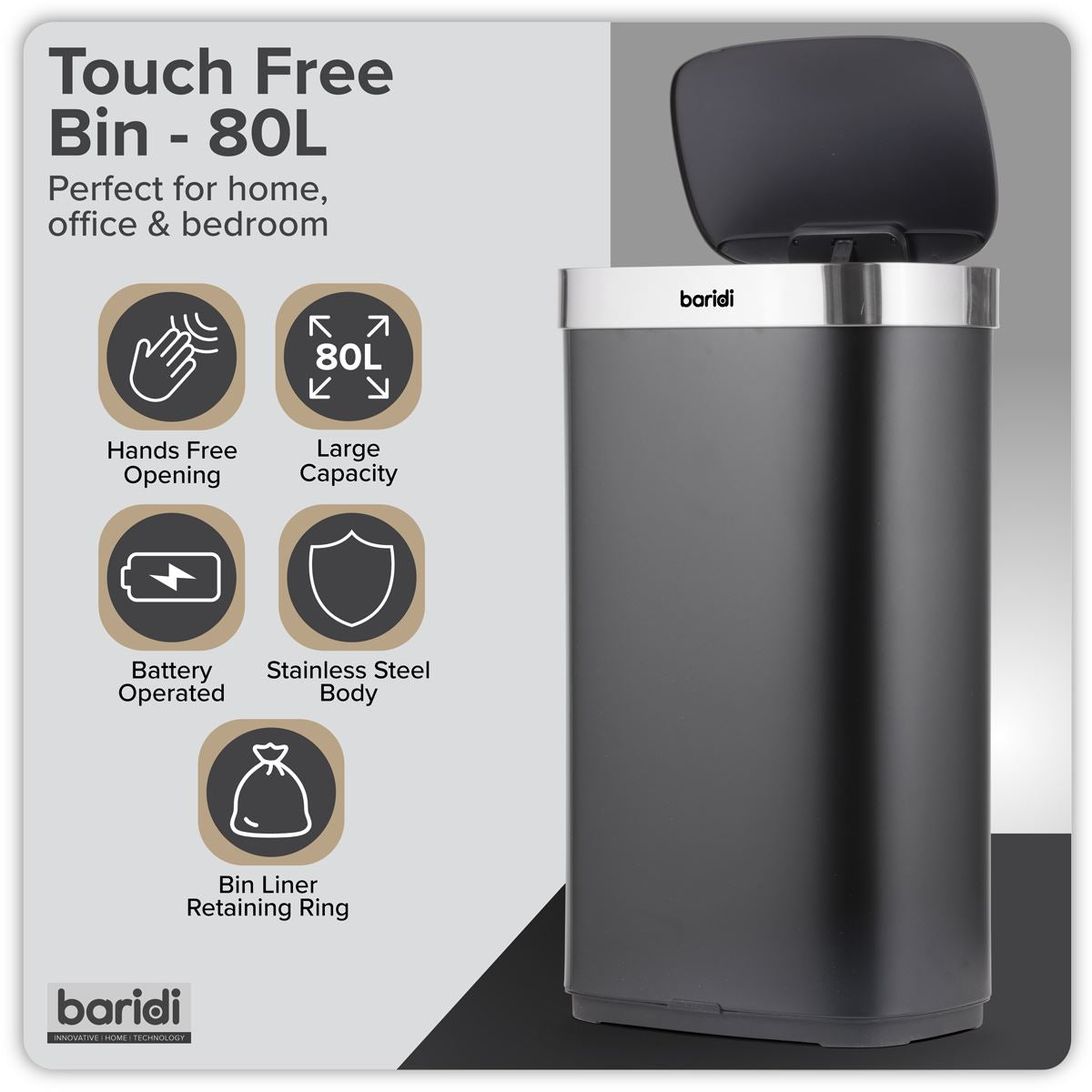 Baridi Sensor Bin 80L - Black/Stainless Steel DH283