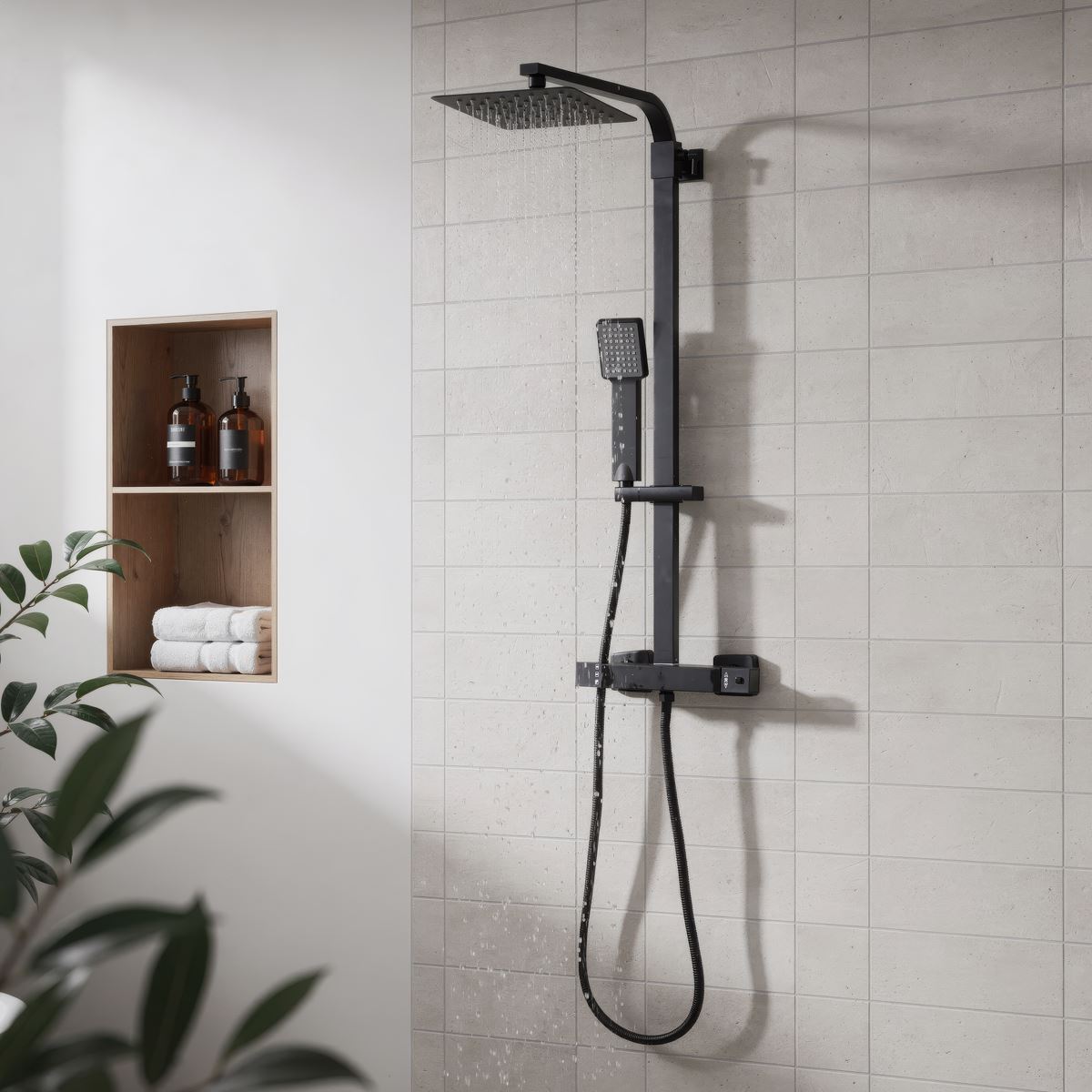 Baridi Thermostatic Shower Mixer Set, 20x20cm Square Head, Adjustable Rail