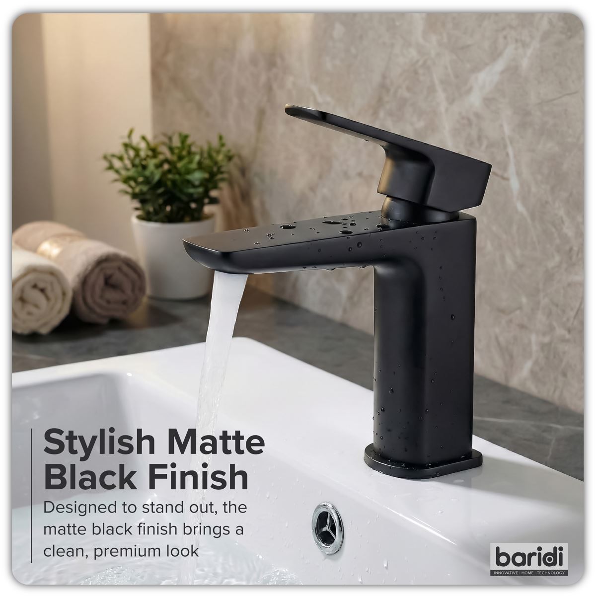 Baridi Basin Mixer Tap with Clicker Waste - Matt Black DH393