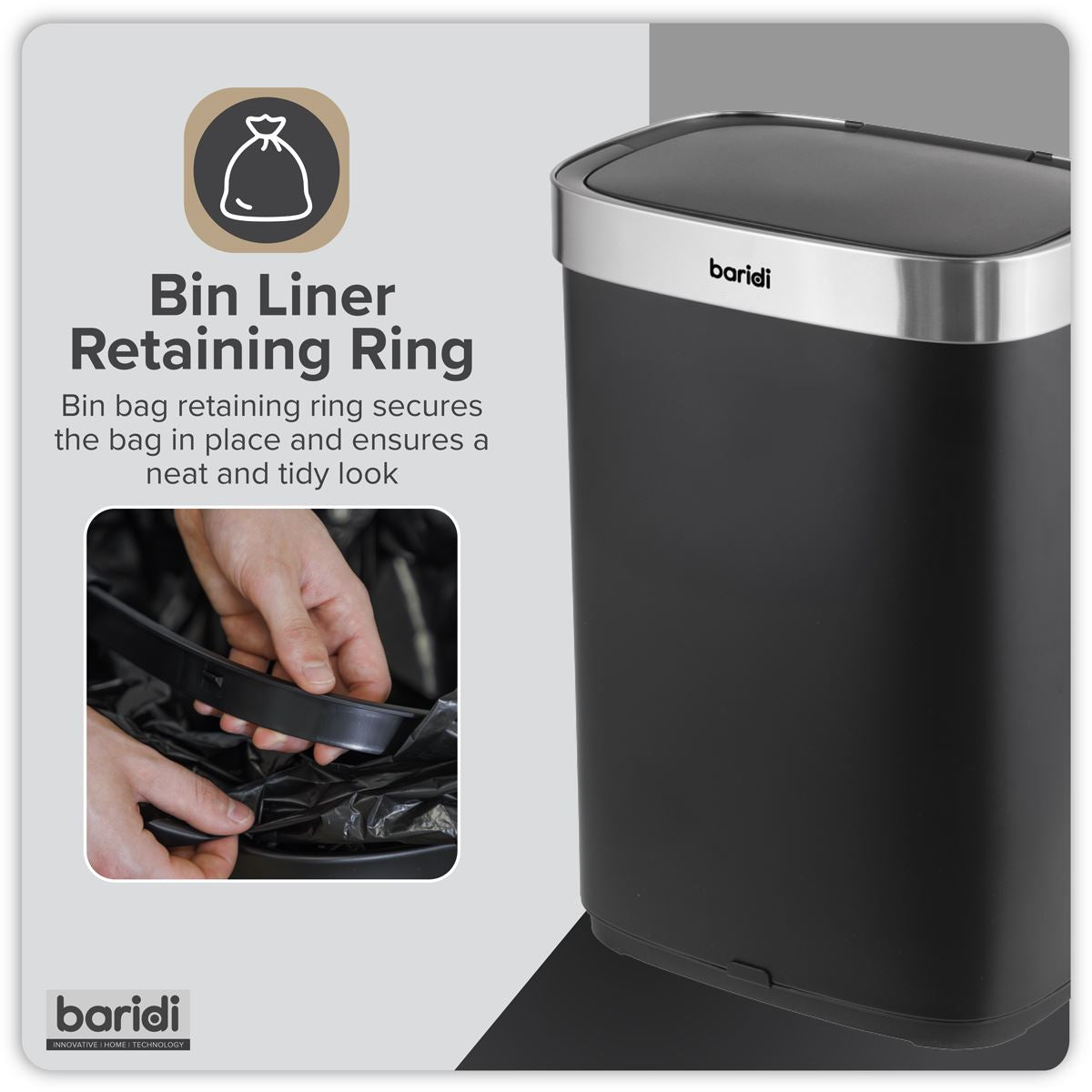 Baridi Sensor Bin 65L - Black/Stainless Steel DH282