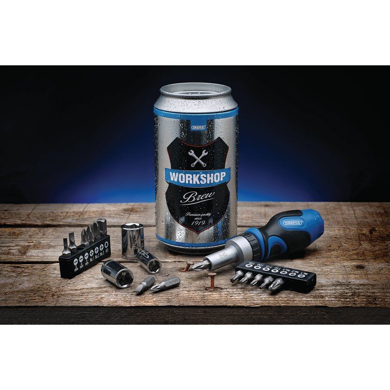 Draper Beer Stash Can Ratchet Stubby Screwdriver and Bit Set with Sockets 99413