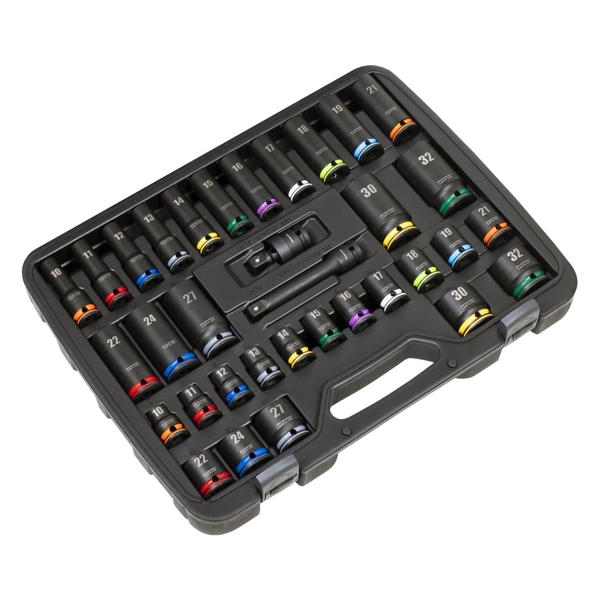 Sealey Metric Lock-On Standard & Deep Impact Socket Set 34pc 1/2"Sq Drive 6pt