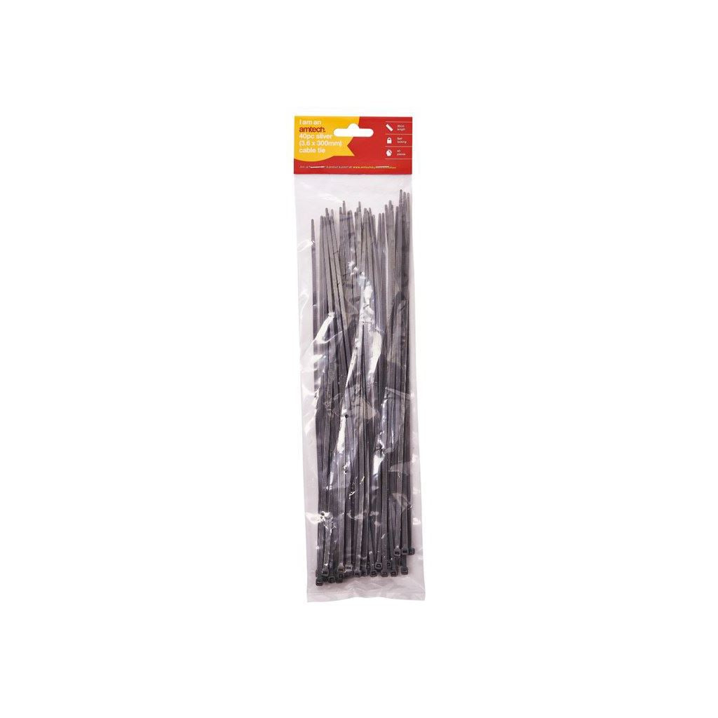 Amtech 40 Piece (3.6 x 300mm) Cable Tie Silver