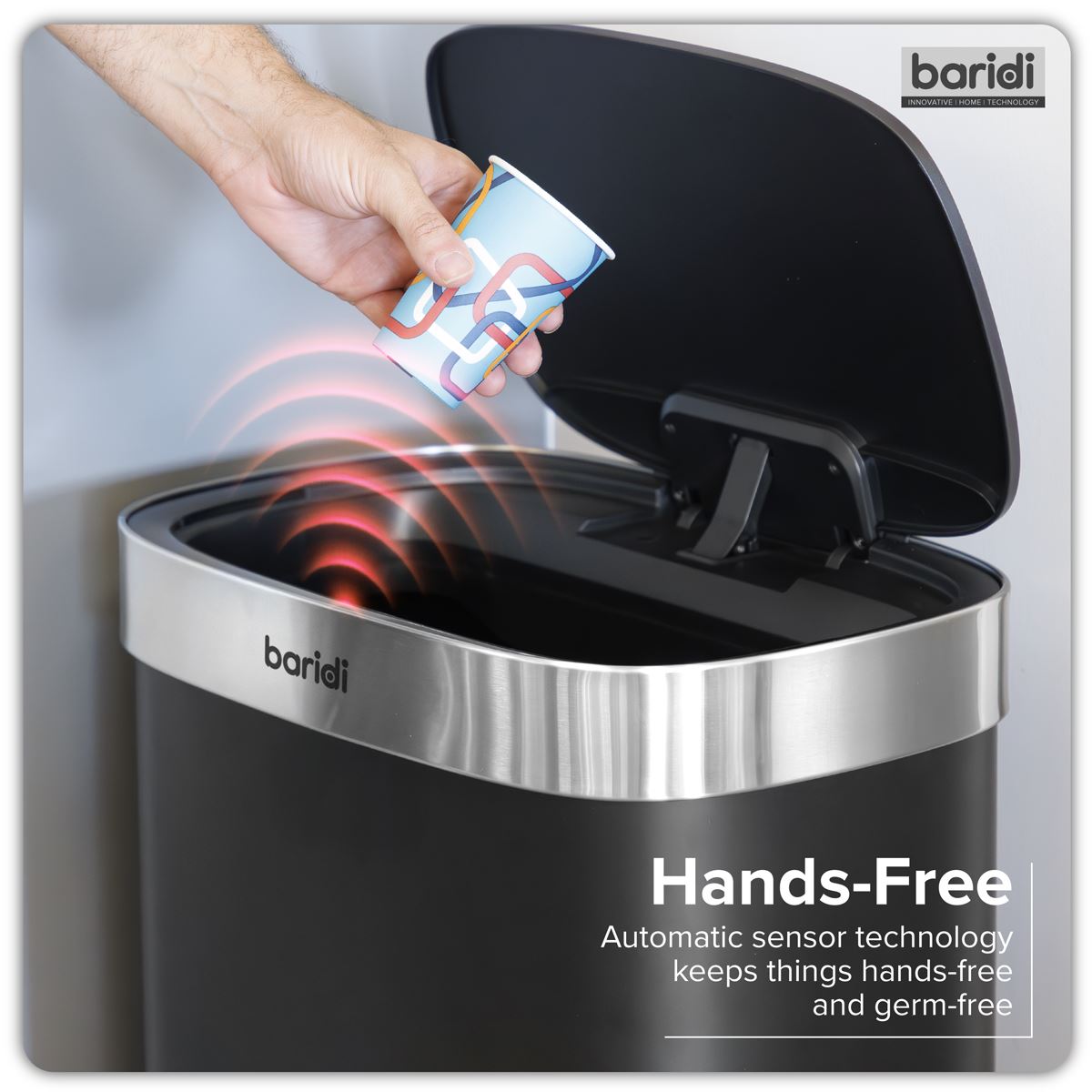 Baridi Sensor Bin 50L - Black/Stainless Steel DH281