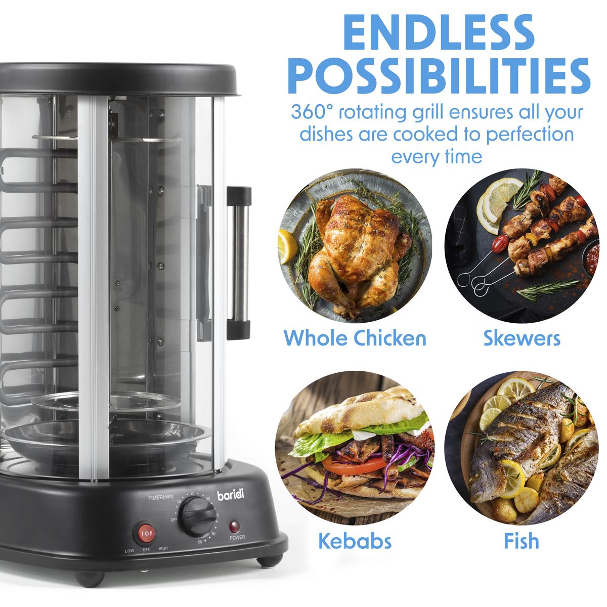 Sealey Baridi Rotisserie Grill, Kebabs, Gyros, Skewers, Roasts, 1500W, 21L, Black DH216
