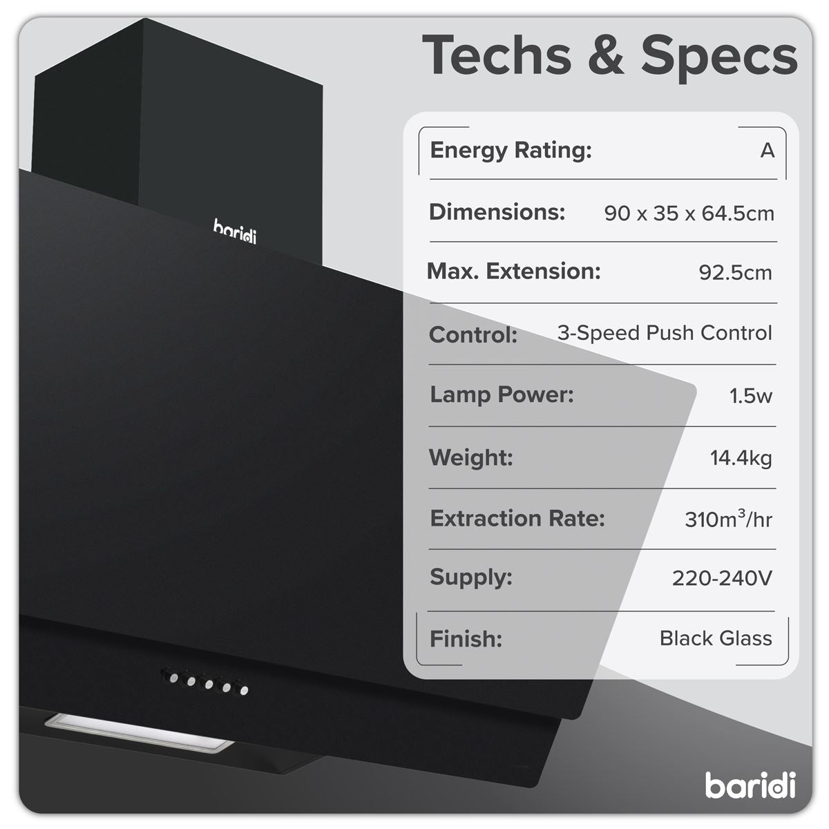 Baridi Angled Chimney Cooker Hood with Carbon Filters & LED Lamp 90cm