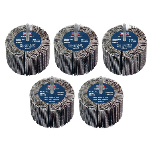 Sealey Abrasive Flap Wheel 80 x 40mm 60Grit 6mm Shaft - Pack of 5 FW8040605