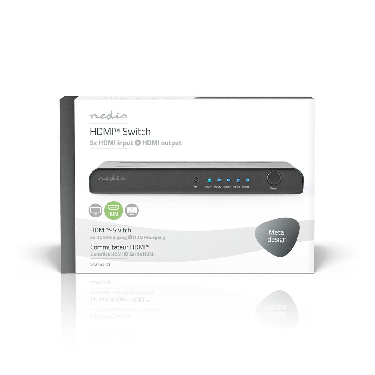 Nedis HDMI Switch 5-Port to 5x HDMI Input 1x HDMI Output 4K2K@60FPS/HDCP2.2 - VSWI3475AT