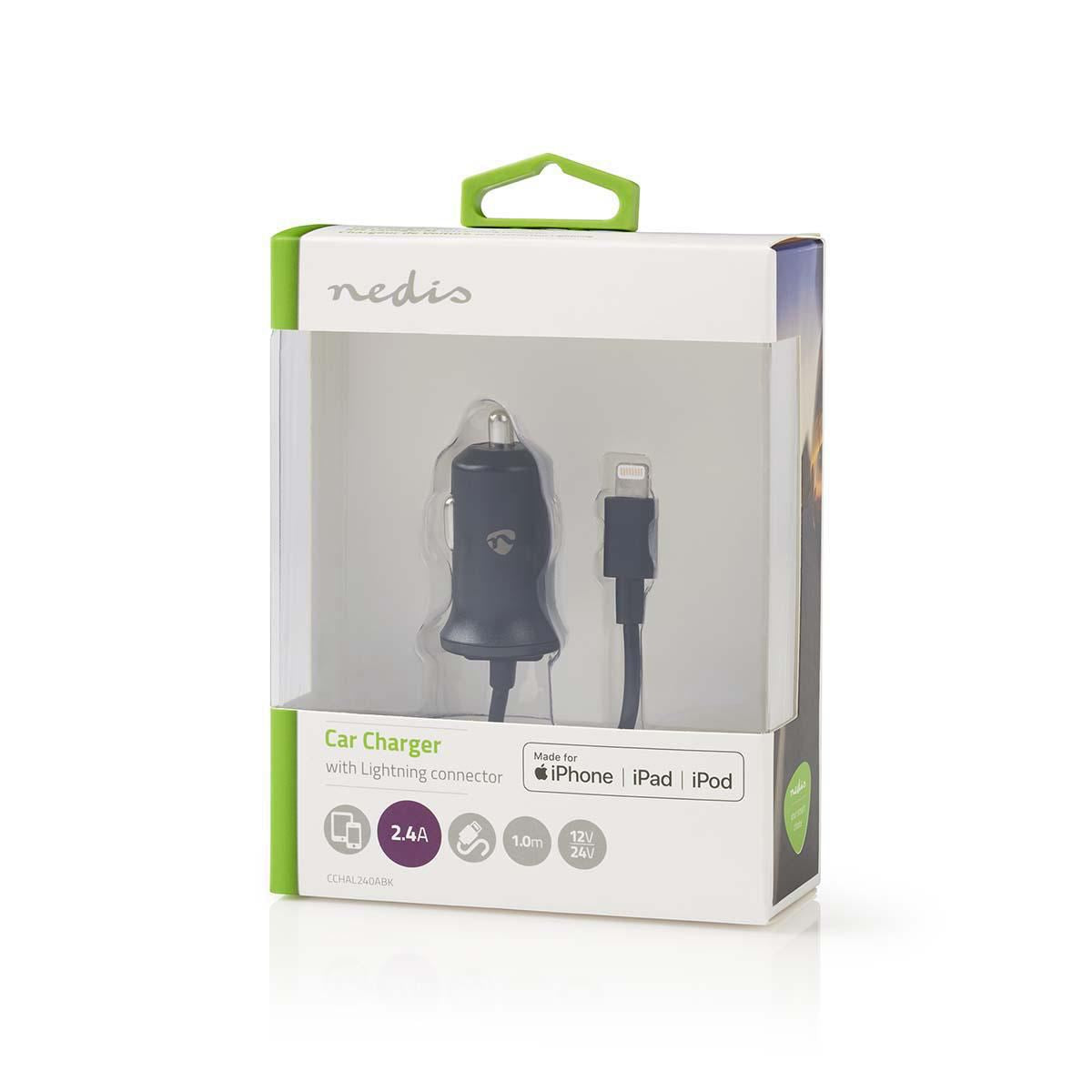 Nedis Car Charger 2.4A Fixed cable Apple Lighting Black CCHAL240ABK