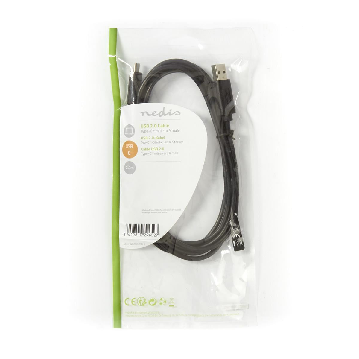 Nedis USB 2.0 Cable Type-C Male -A Male 2m Black CCGP60600BK20