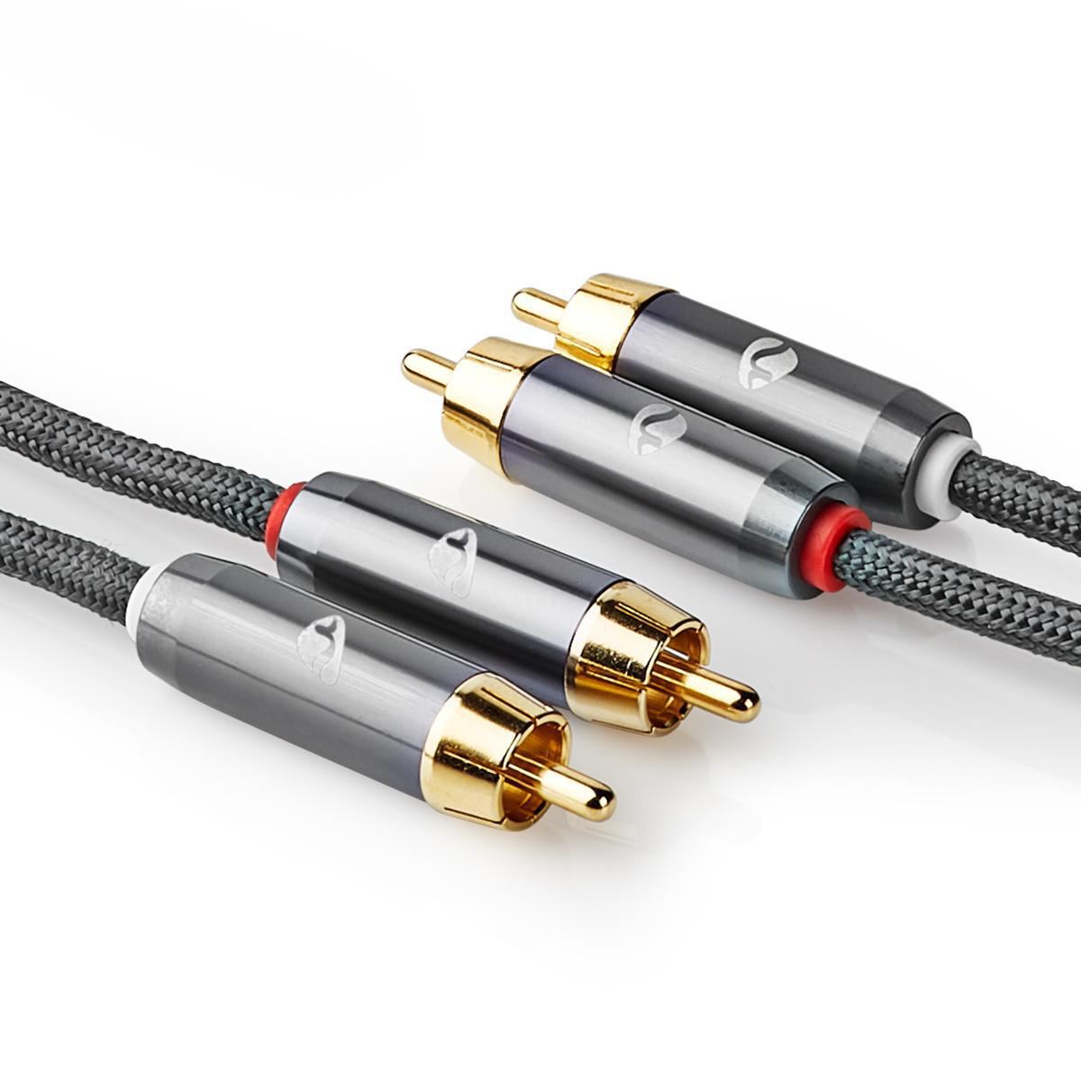 Nedis 5m Stereo Audio Cable 2x RCA Male to 2x RCA Male Gun Metal Grey Braided - CATB24200GY50
