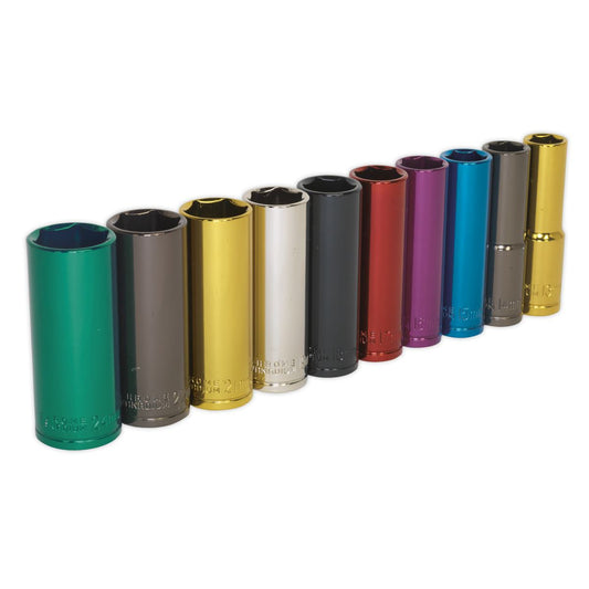 Sealey Multi-Colour Socket Set 10pc 1/2"Sq Dr 6pt Deep WallDrive MM AK288D
