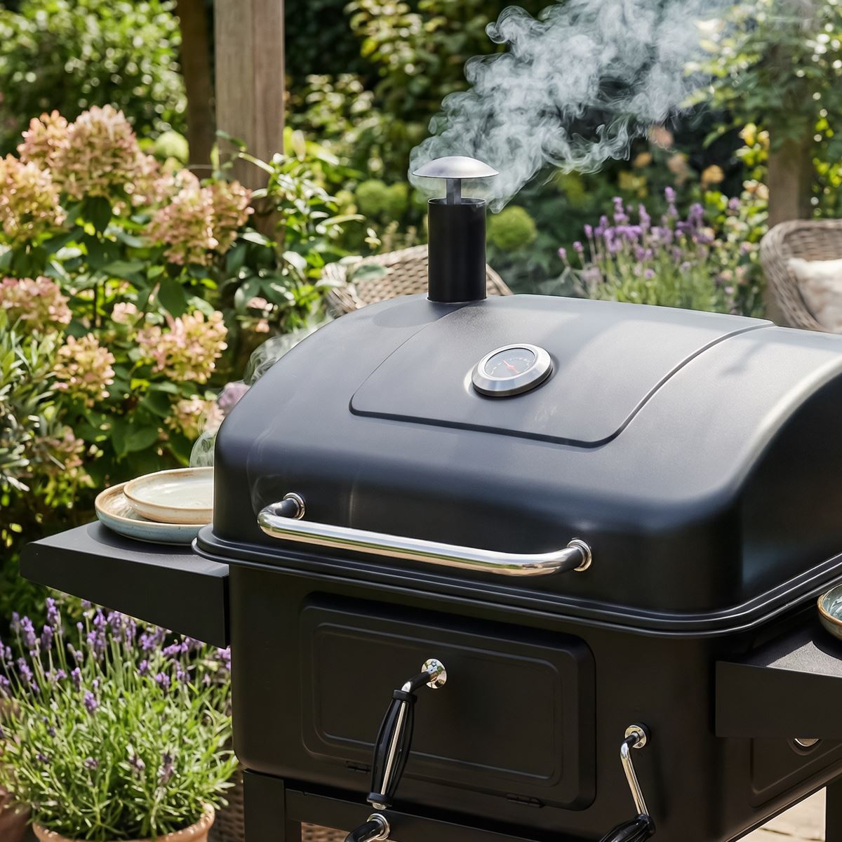 Dellonda Charcoal Grill BBQ Smoker and Trolley with 2 Side Shelves - Black DG283
