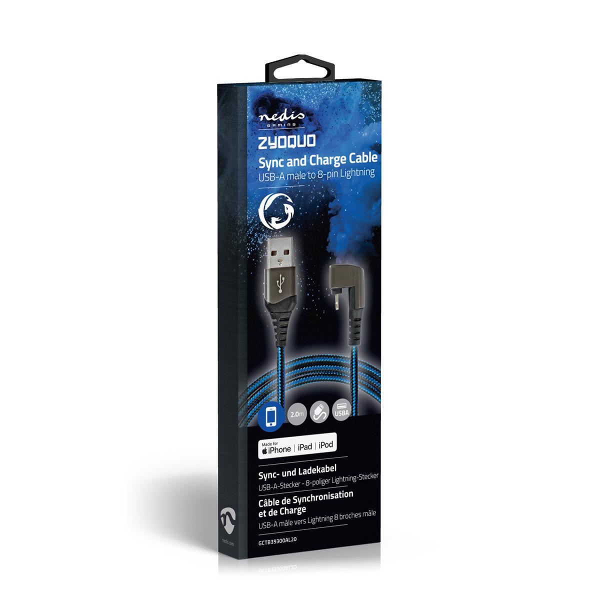 Nedis Gaming USB-A 2.0 to Apple Lightning 8-Pin 480Mbps 12W Blue & Black 2m - GCTB39300AL20