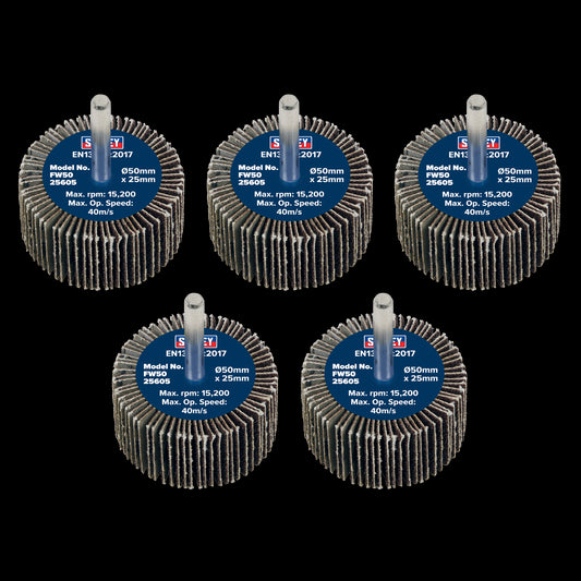 Sealey Flap Wheel 50 x 25mm 60Grit 6mm Shaft - Pack of 5 FW5025605
