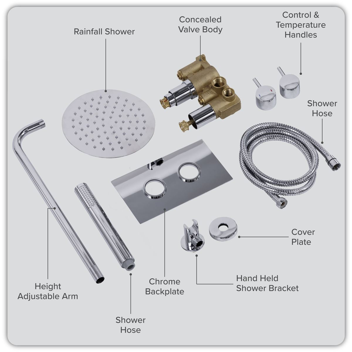 Baridi Concealed Thermostatic Shower Set 20cm Round Head & Hand Shower - Chrome DH318