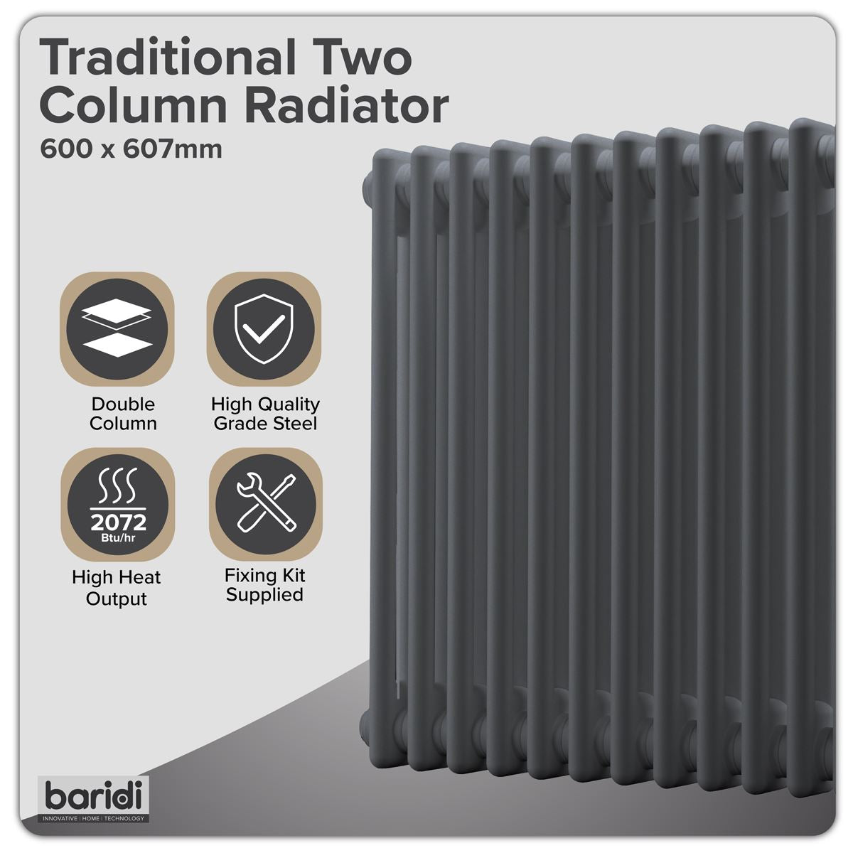 Baridi Horizontal Traditional 2 Column Radiator 600 x 607mm � Anthracite DH357