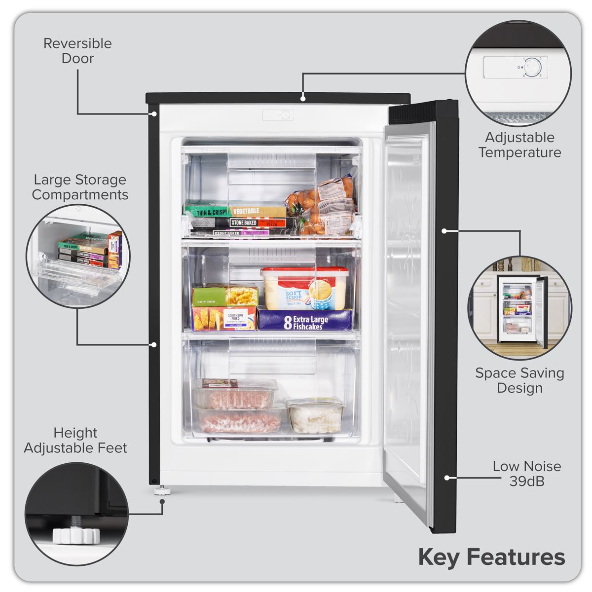 Baridi 55cm Undercounter Freezer with Adjustable Thermostat, 85L - Black DH251