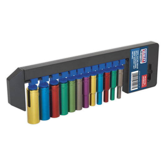 Sealey Multi-Colour Socket Set 12pc 1/4 Sq Dr 6pt Deep WallDrive MM AK282D