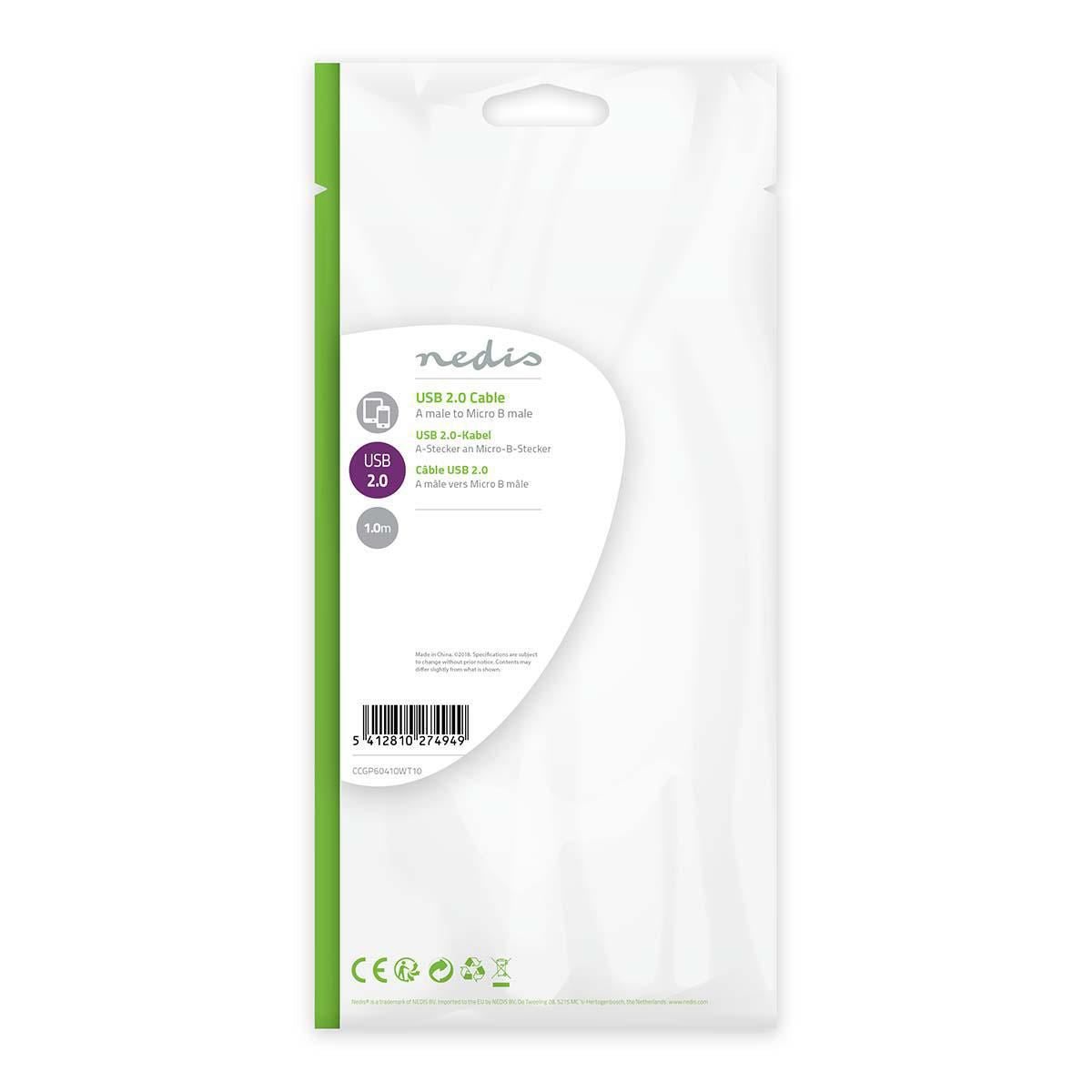 Nedis USB 2.0 Flat Cable A Male to Micro B Male 1m White CCGP60410WT10