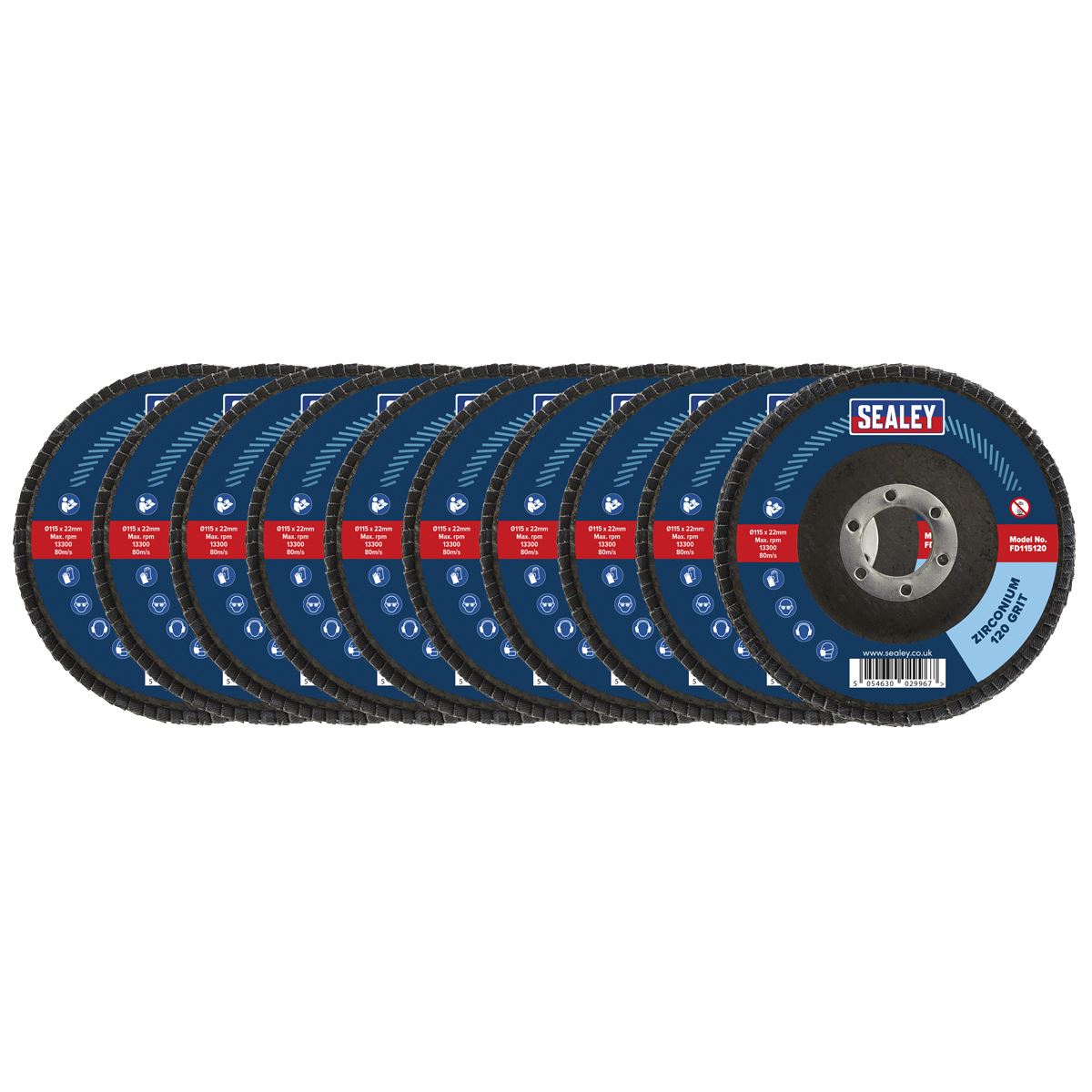 Sealey 120Grit Flap Discs Zirconium 115mm 22mm Bore - Pack of 10 FD11512010