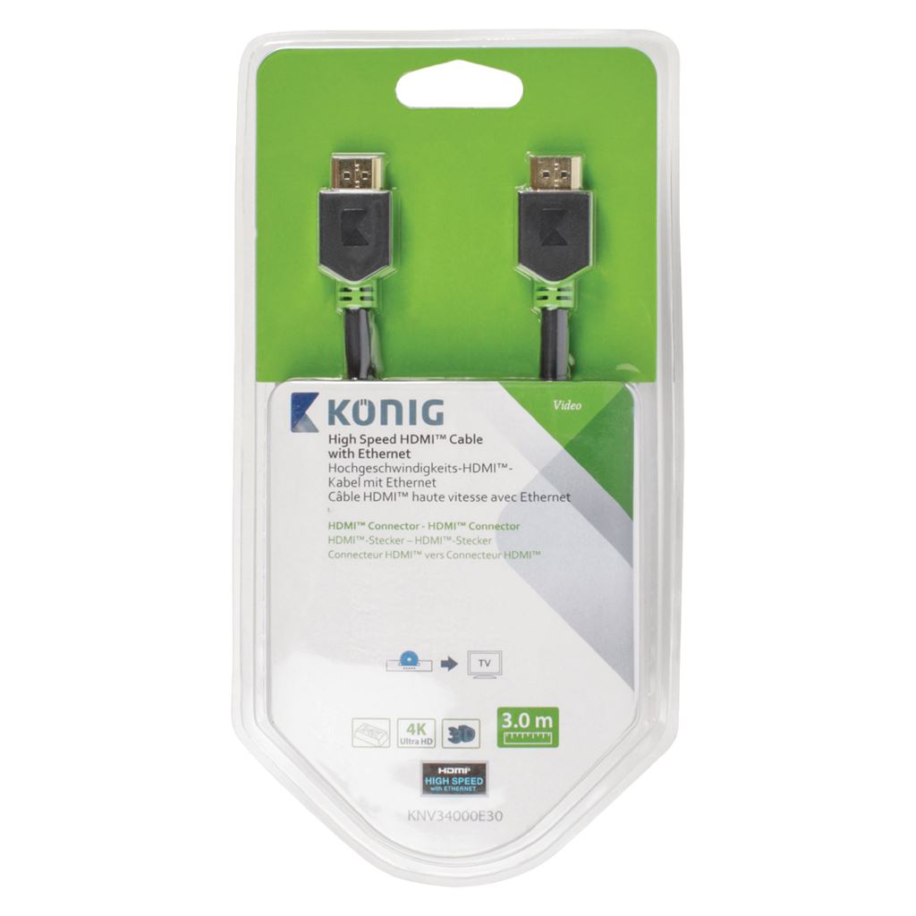 Konig High Speed HDMI Cable with Ethernet HDMI to HDMI Connector 3m grey - CVBW34000AT30
