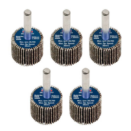 Sealey Abrasive Flap Wheel 25 x 20mm 6mm Shaft Assorted Grit - Pack of 5 FW2520ASS