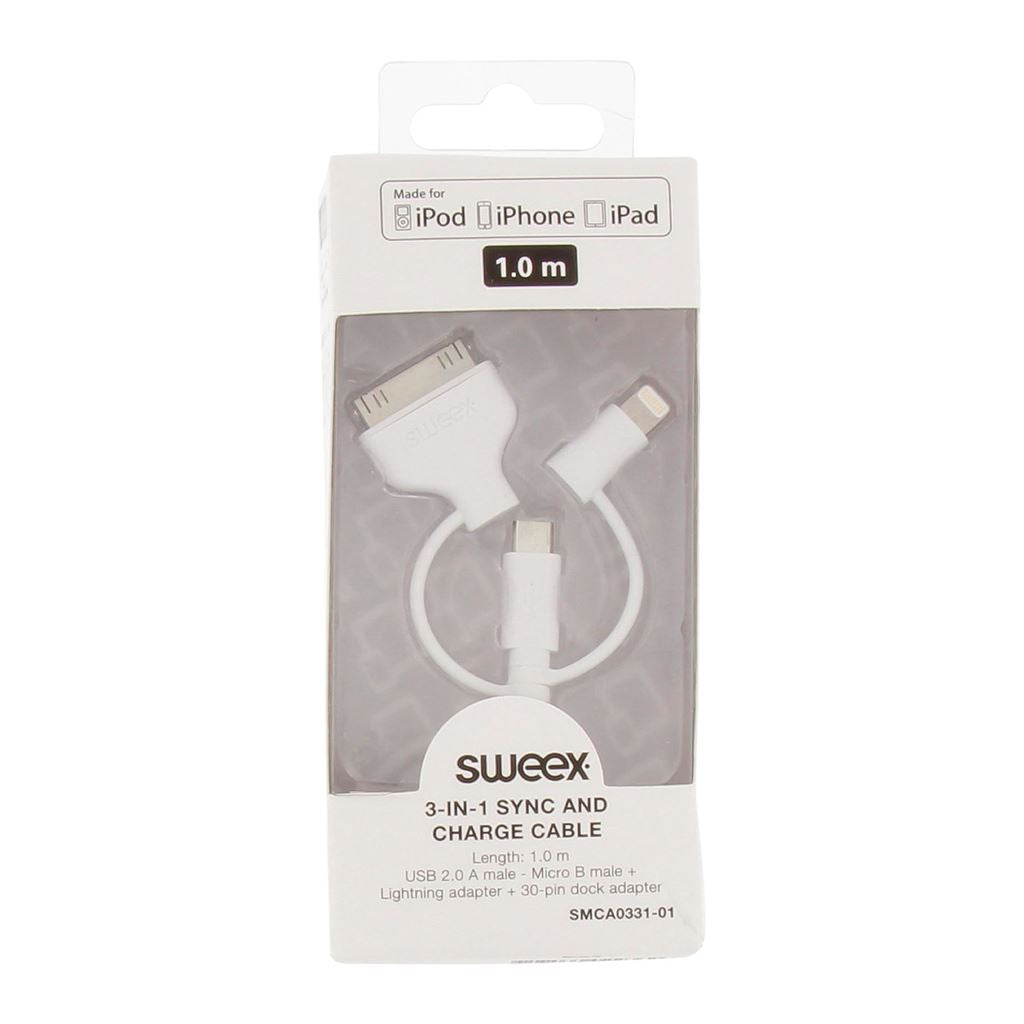 Sweex 3 in 1 sync and charge cable USB 2A male to Micro B male + Lightning adapter + 30-pin dock adapter 1m white