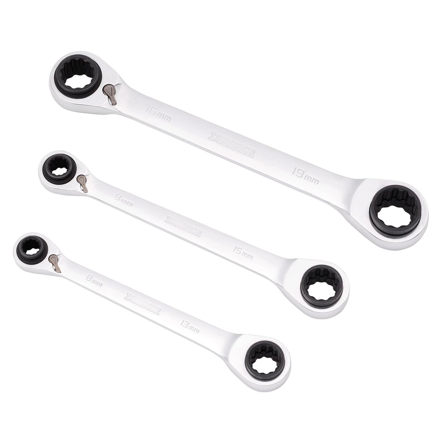 Draper Metric 4-in-1 Reversible Double Ring End Ratchet Spanner Set (3 Piece)
