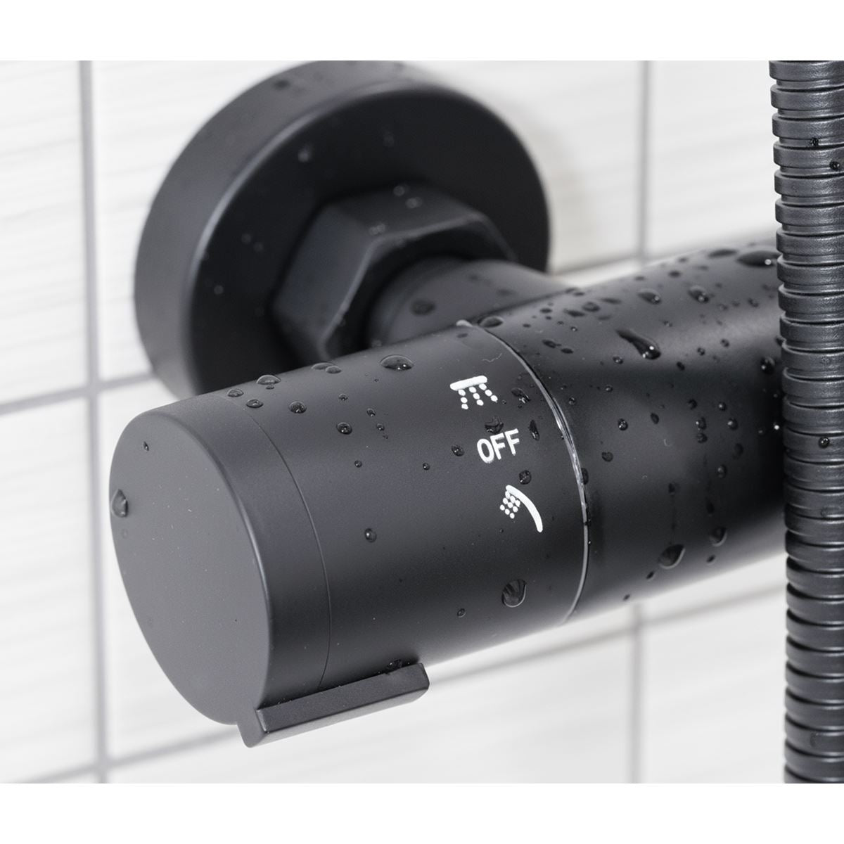 Baridi Thermostatic Shower Mixer Set, 20cm Round Head, Adjustable Rail - Black