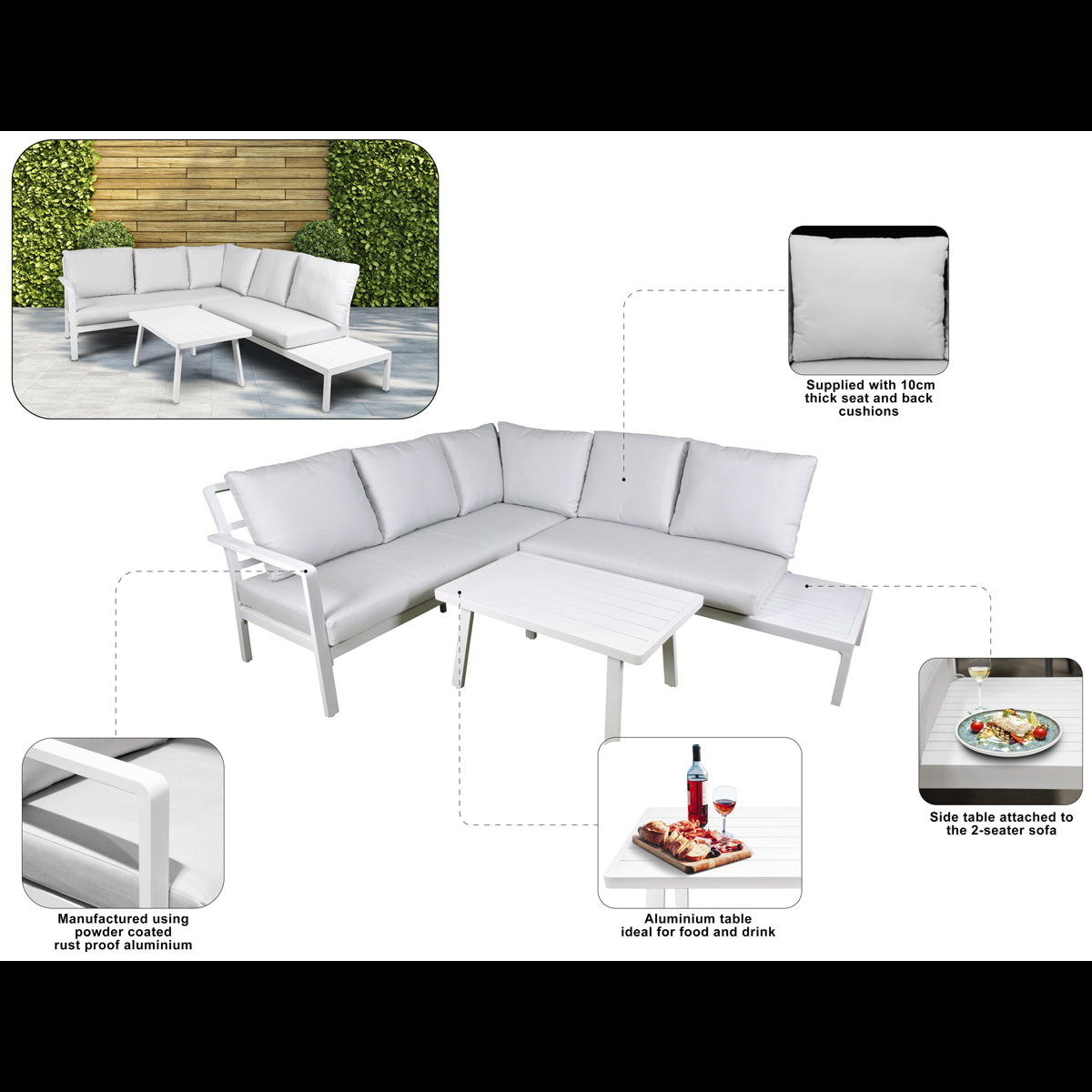 Dellonda Kyoto White 3 Piece Outdoor Garden Corner Sofa & Coffee Table Set DG53
