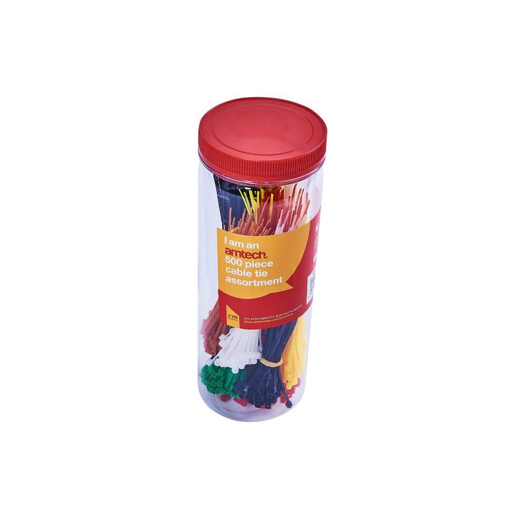 Amtech Assorted Cable Tie 500 Pieces Housed In Storage Tube Tidy Organiser - S0680