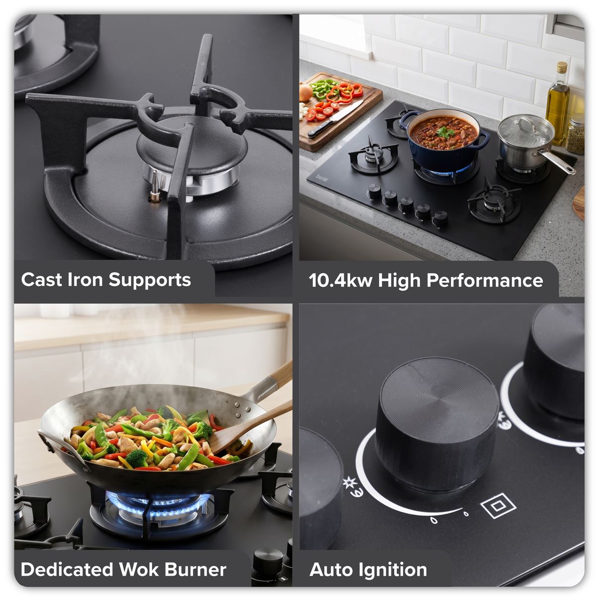 Baridi 70cm Gas Hob Matt Black with 5 Burners Cast Iron Supports & Auto Ignition