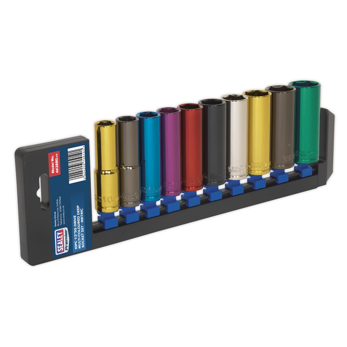 Sealey Multi-Colour Socket Set 10pc 1/2"Sq Dr 6pt Deep WallDrive MM AK288D