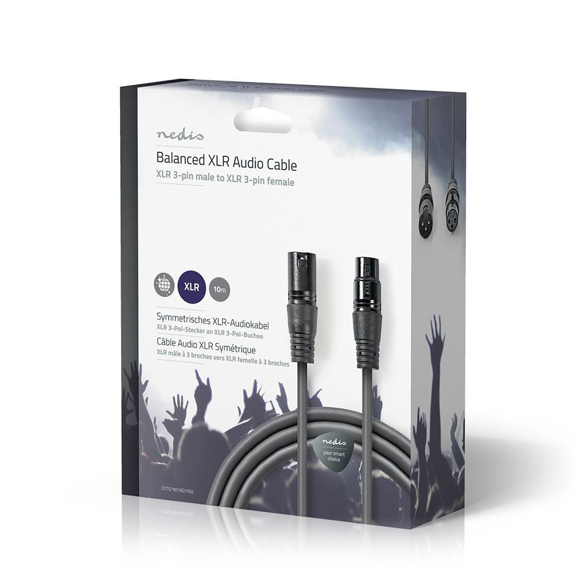 Nedis Balanced XLR Audio Cable XLR 3-Pin Male to XLR 3-Pin Female 10m Grey - COTG15010GY100