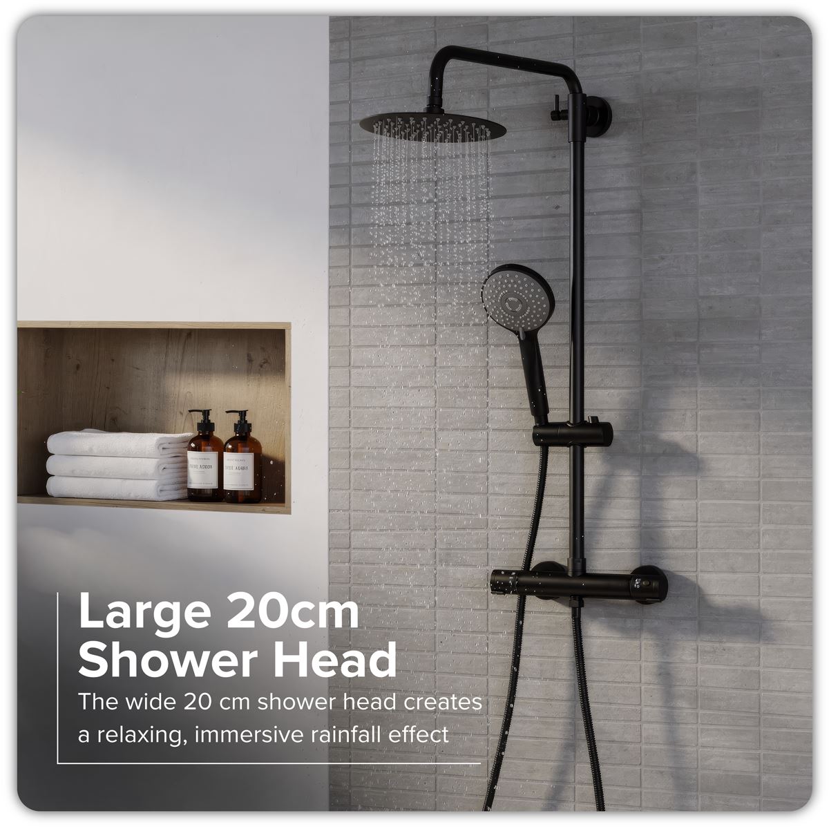 Baridi Thermostatic Shower Mixer Set, 20cm Round Head, Adjustable Rail - Black