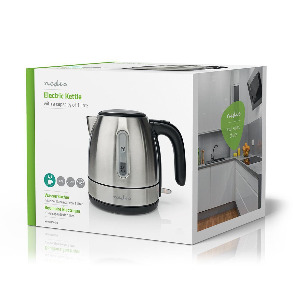 Nedis Electric Kettle 1L 360° Rotation Stainless Steel - KAWK300EAL