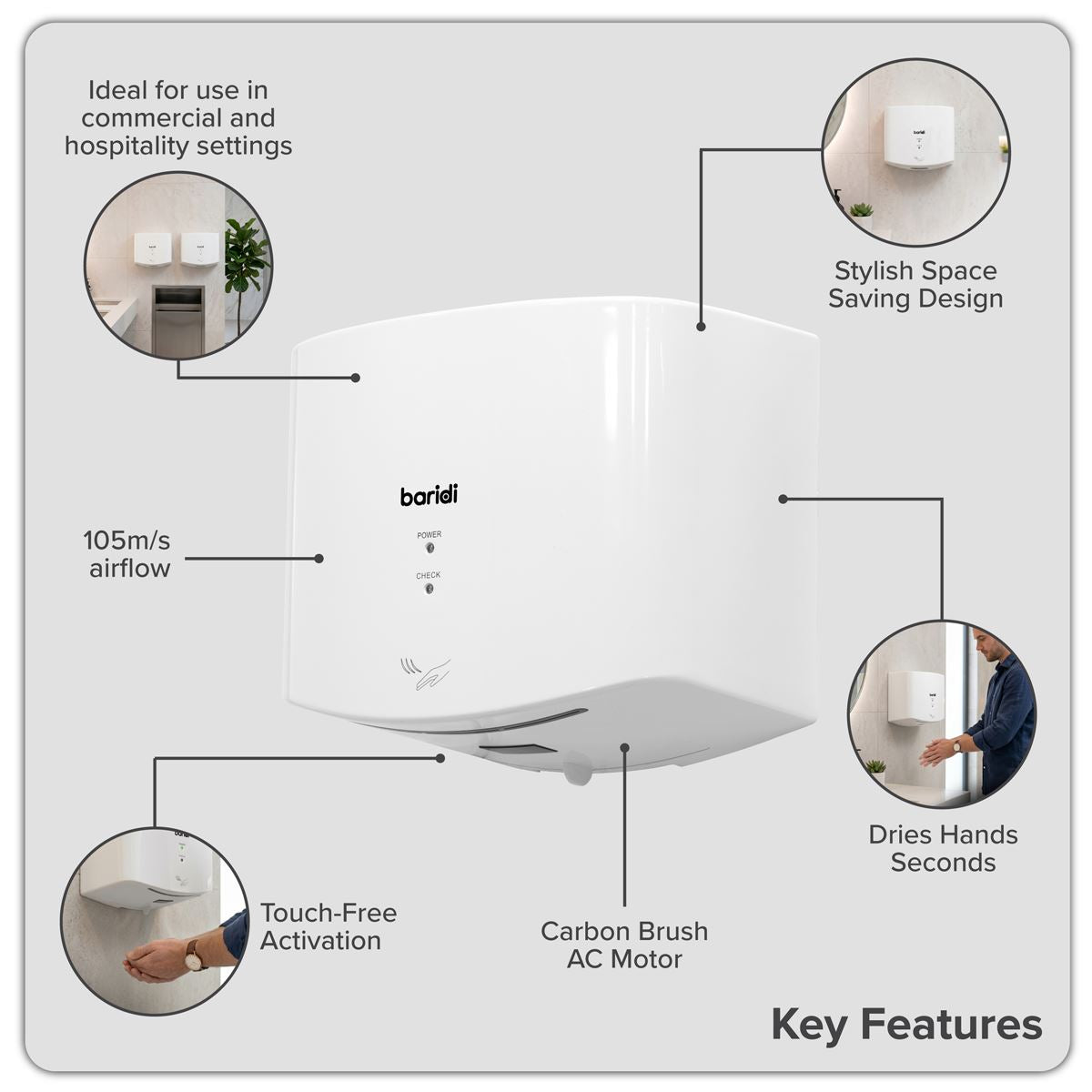Baridi High Speed Hand Dryer with Auto Sensor 1400-1650W - White DH378